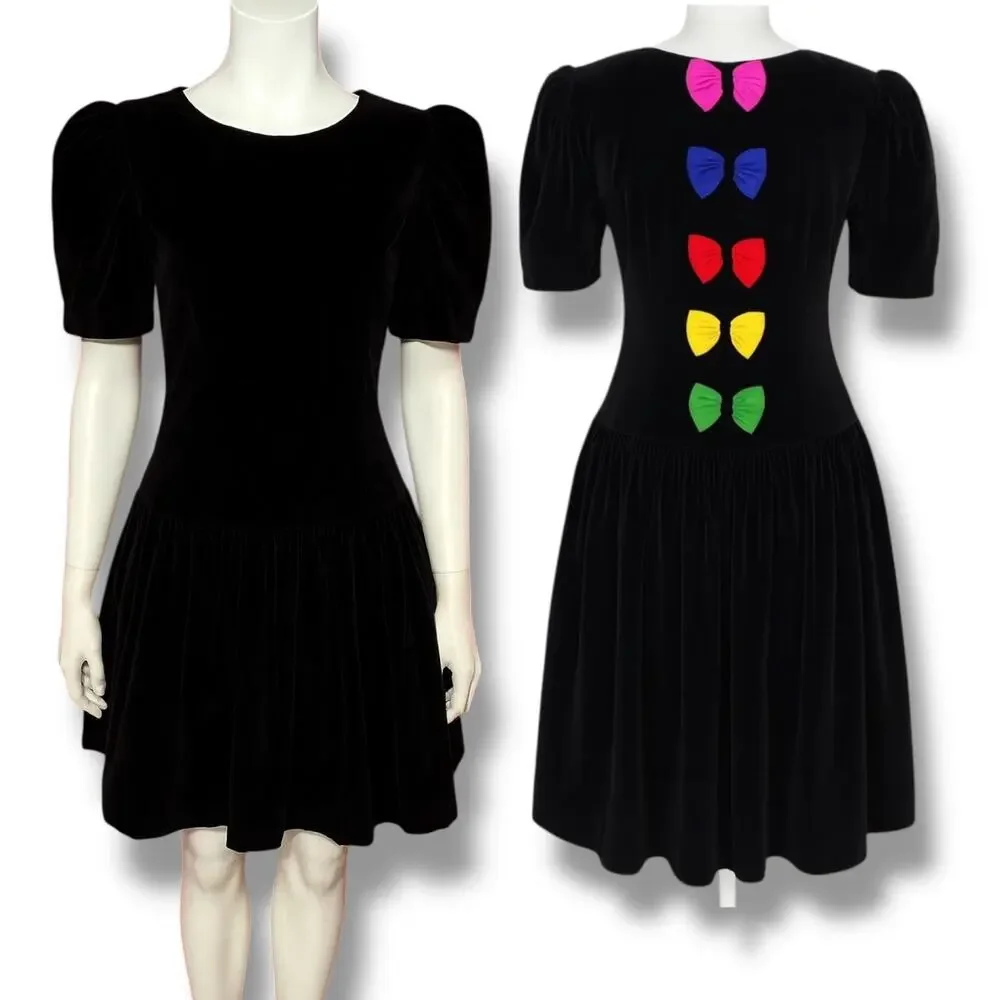 Vintage Black Velvet 80s Drop Waist Back Rainbow Bows Whimsygoth Dress 11/12 S - Picture 1 of 8